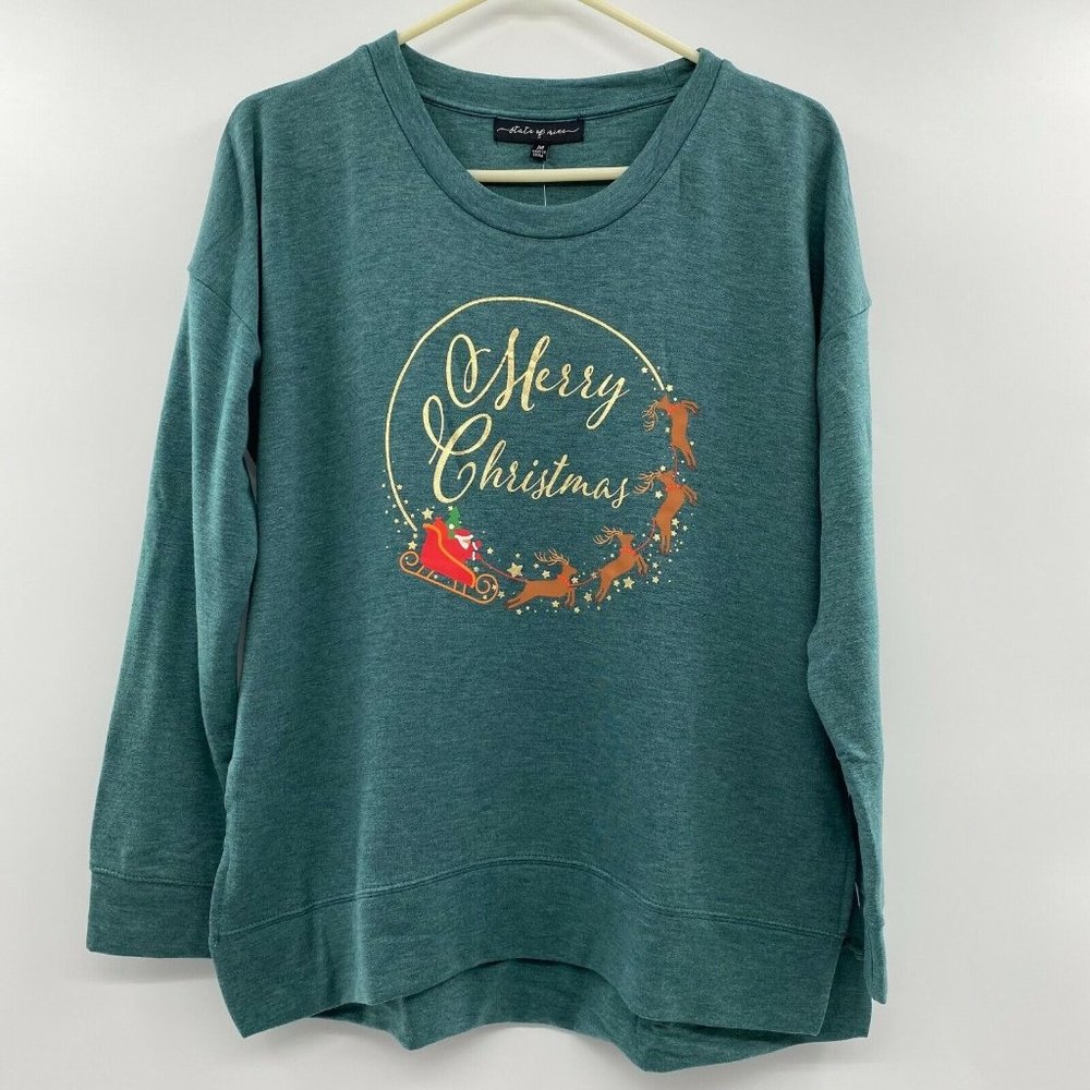 State of Mine Women's Long Sleeve T-Shirt Christmas Sleigh Ride Top Green sz M